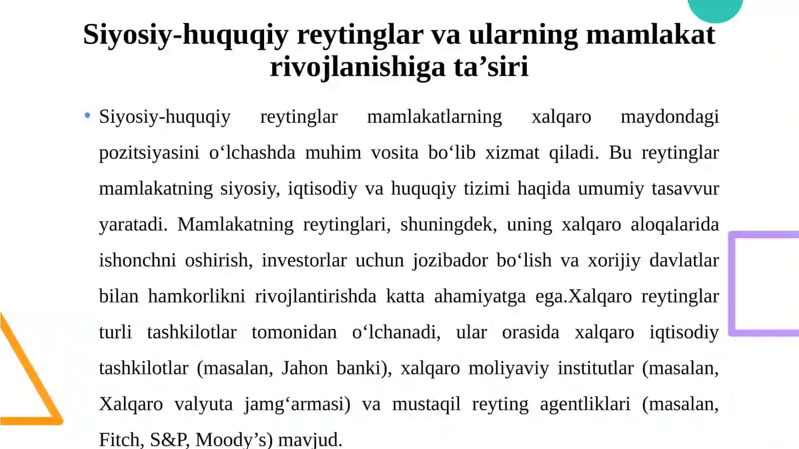 Siyosiy-huquqiy sohadagi ustuvor halqaro reytinglar va ularga O‘zbekistonning integratsiyalashuvi 4