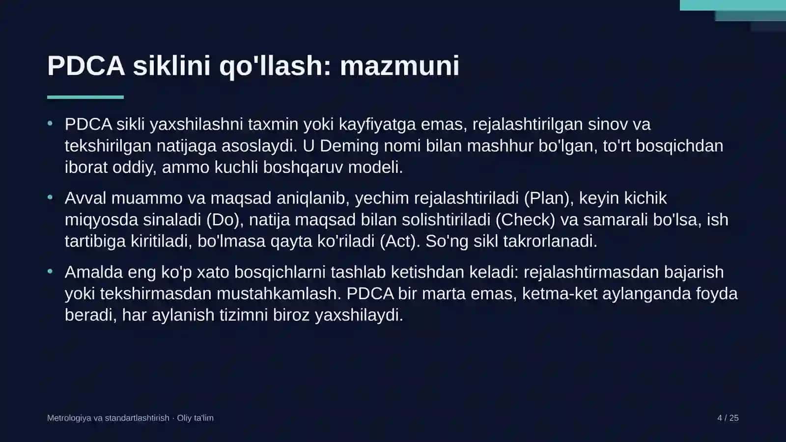 Elektr montaj ishlarida PDCA siklini qo'llash 4