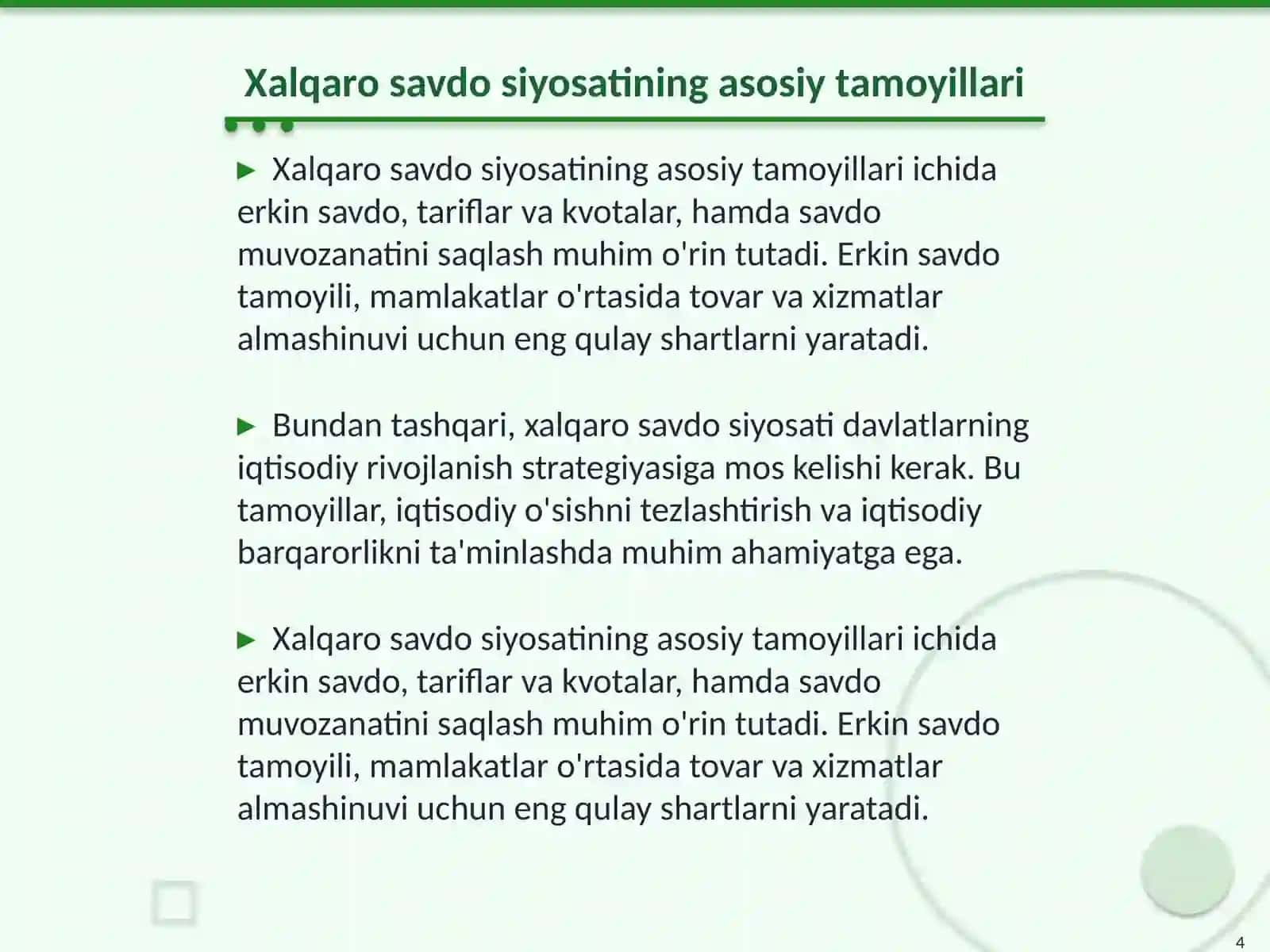 Xalqaro savdo siyosati va proteksionizm. Oʻzbekistonning tashqi savdo strategiyasi 4