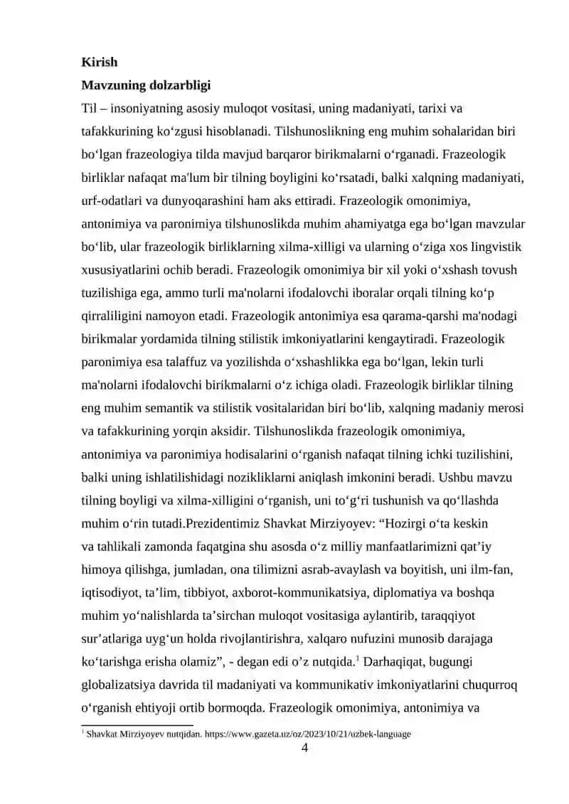 "Hozirgi o’zbek adabiy tili” fanidan “Frazeologik omonimiya. Antonimiya va paronimiya” mavzusida yozgan KURS ISHI 4