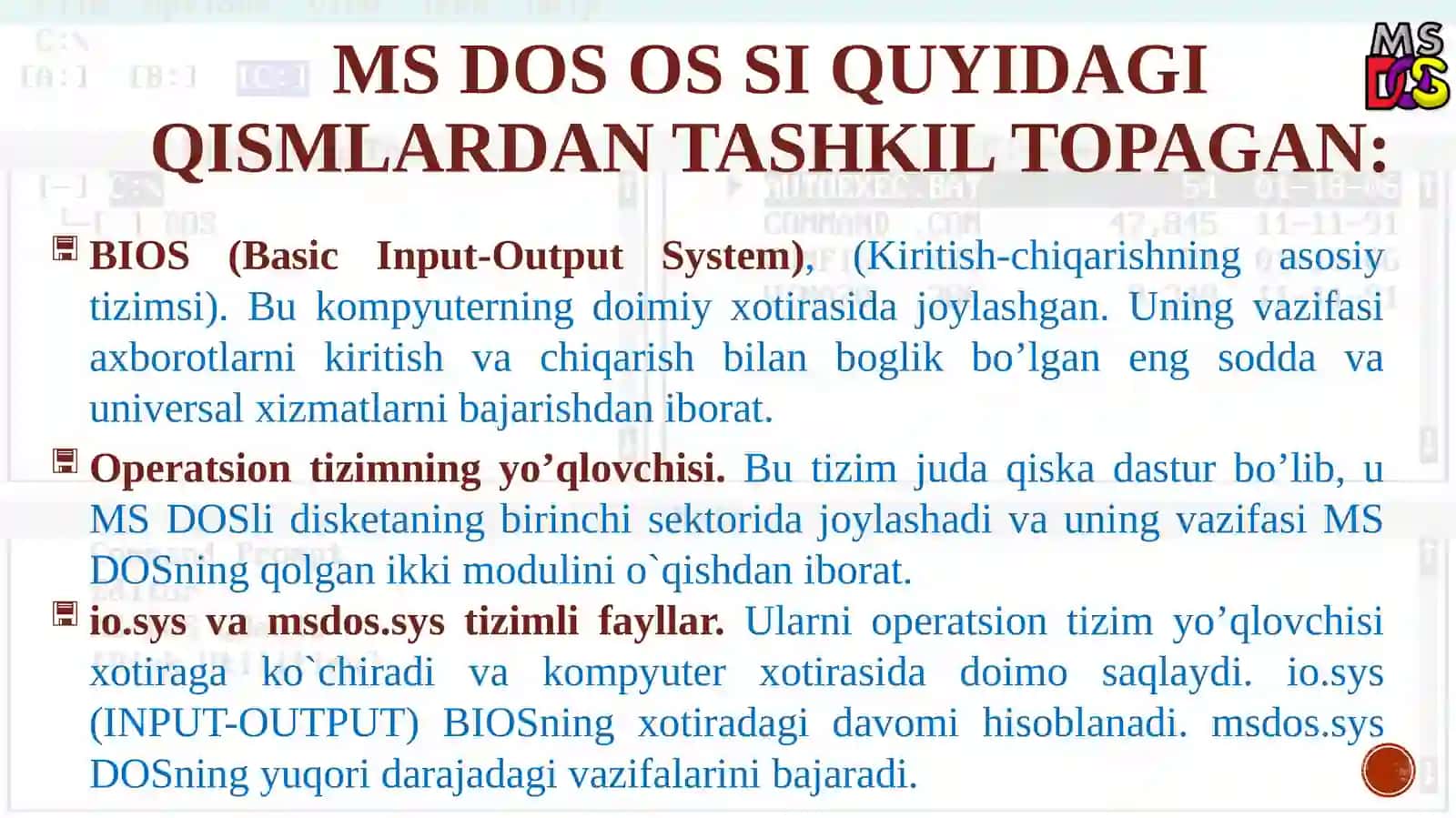 MS DOS operatsion tizimi, MS DOS asosiy buyruqlari 4