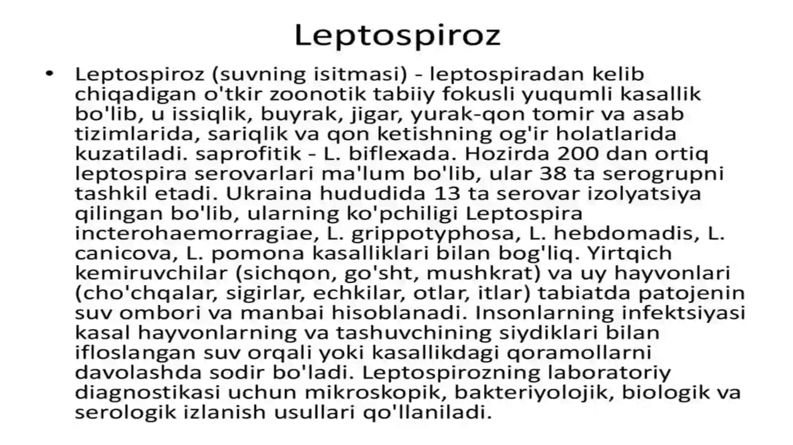 Mavzu;Leptospirozlar morfologiyasi,strukturasi,tarqalganligini keltirib chiqaruvchi kasalliklar labaratoriya diagnostikasi haqida to'liq ma'lumot 4
