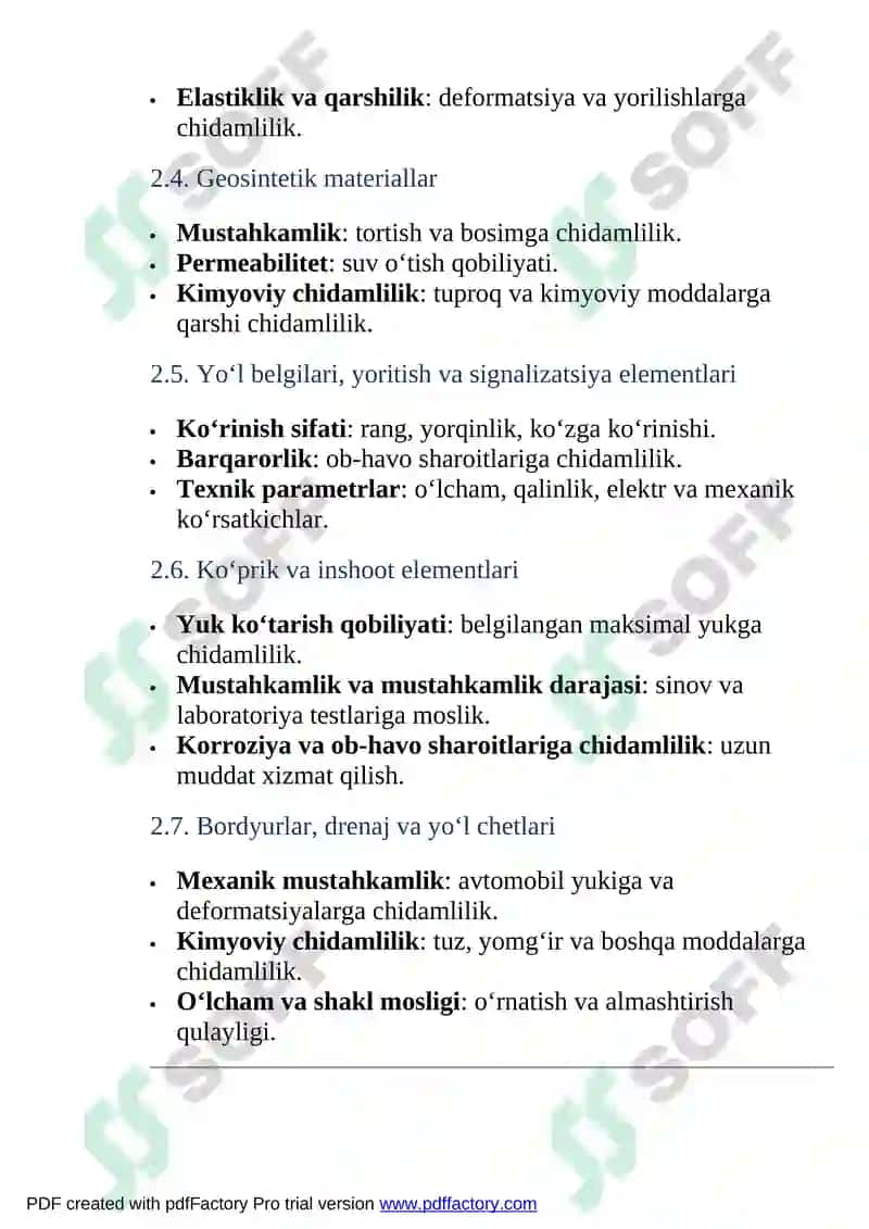 Yo‘l qurilishining sertifikatsiyalanadigan mahsulotlarining sifat ko‘rsatkichlari 4