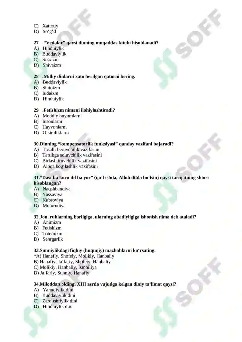 Dinshunoslik fanidan 400 ta test 4