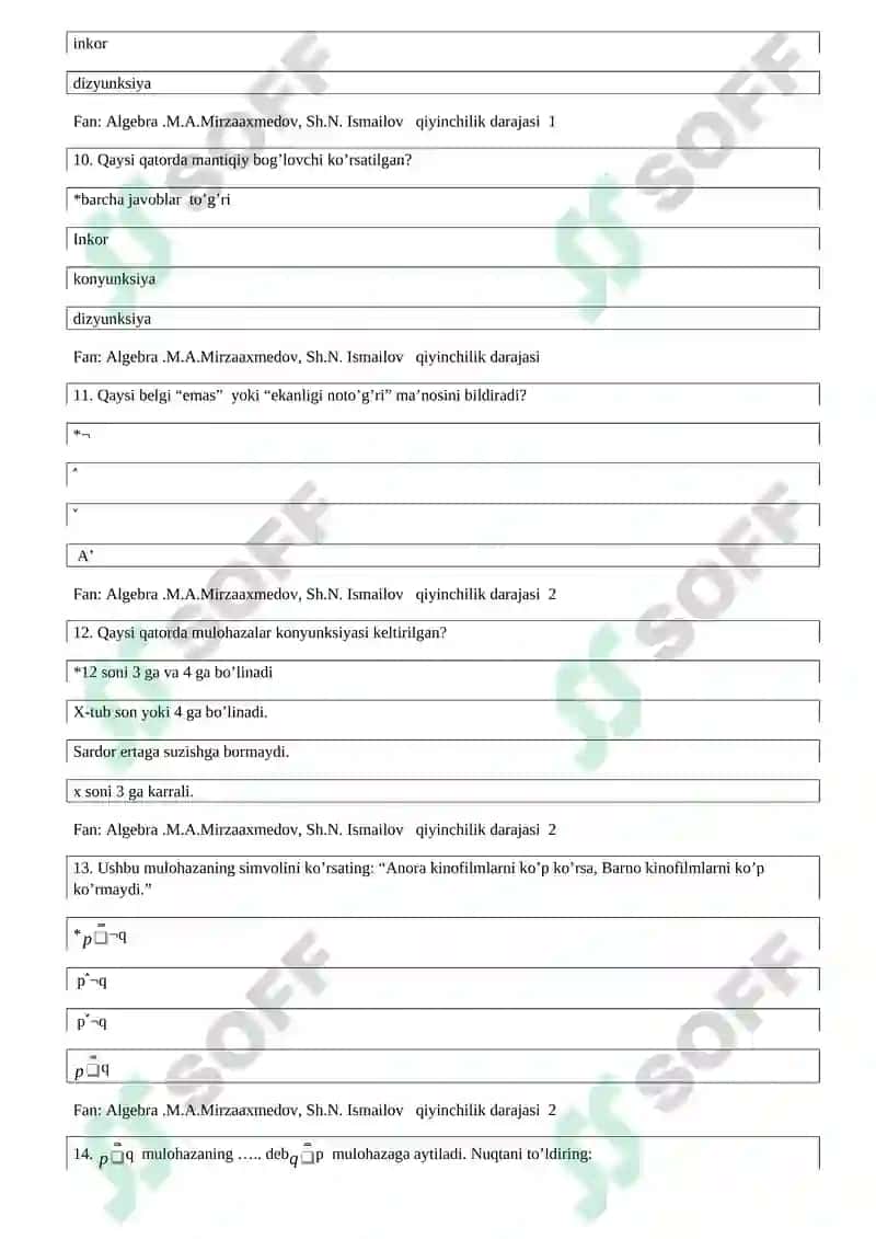 10-sinf matematika 200 ta test 4