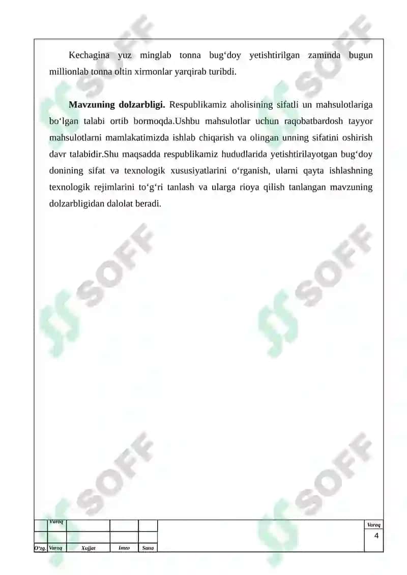 Tegirmonning quvvati 200t/kun bo‘lgan bir navli (oliy nav) 75% li un ishlab chiqarish tehnologiyasi.” 4