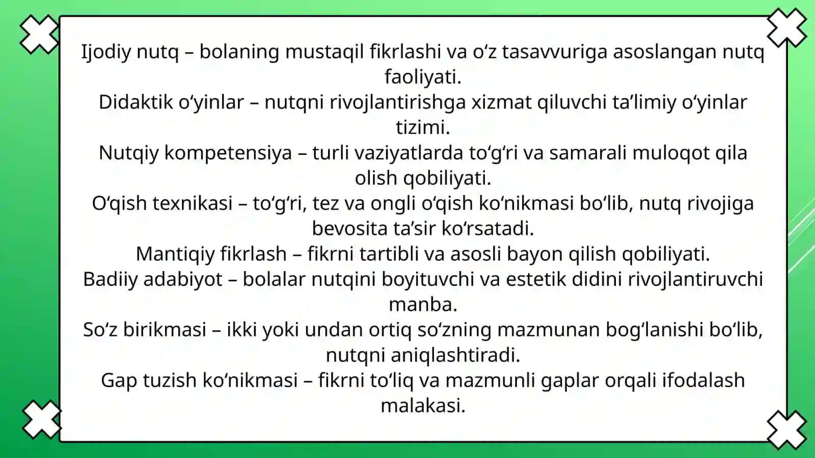 Nutq va nutq oʻstirish test glossariy va taqdimot 4
