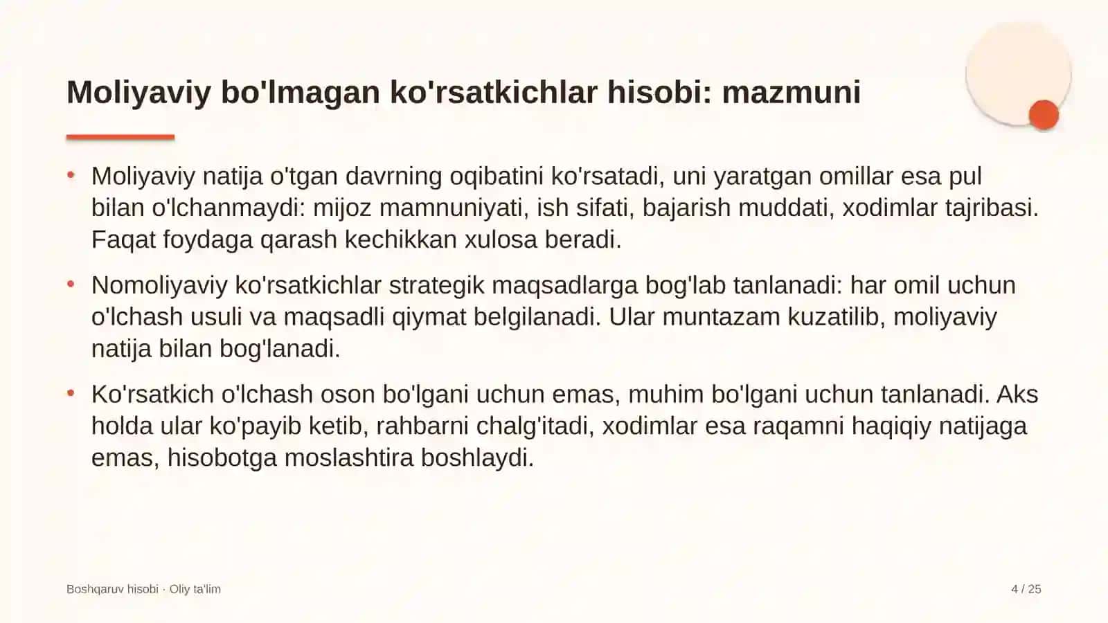Moliyaviy bo'lmagan ko'rsatkichlar hisobi: mohiyati 4