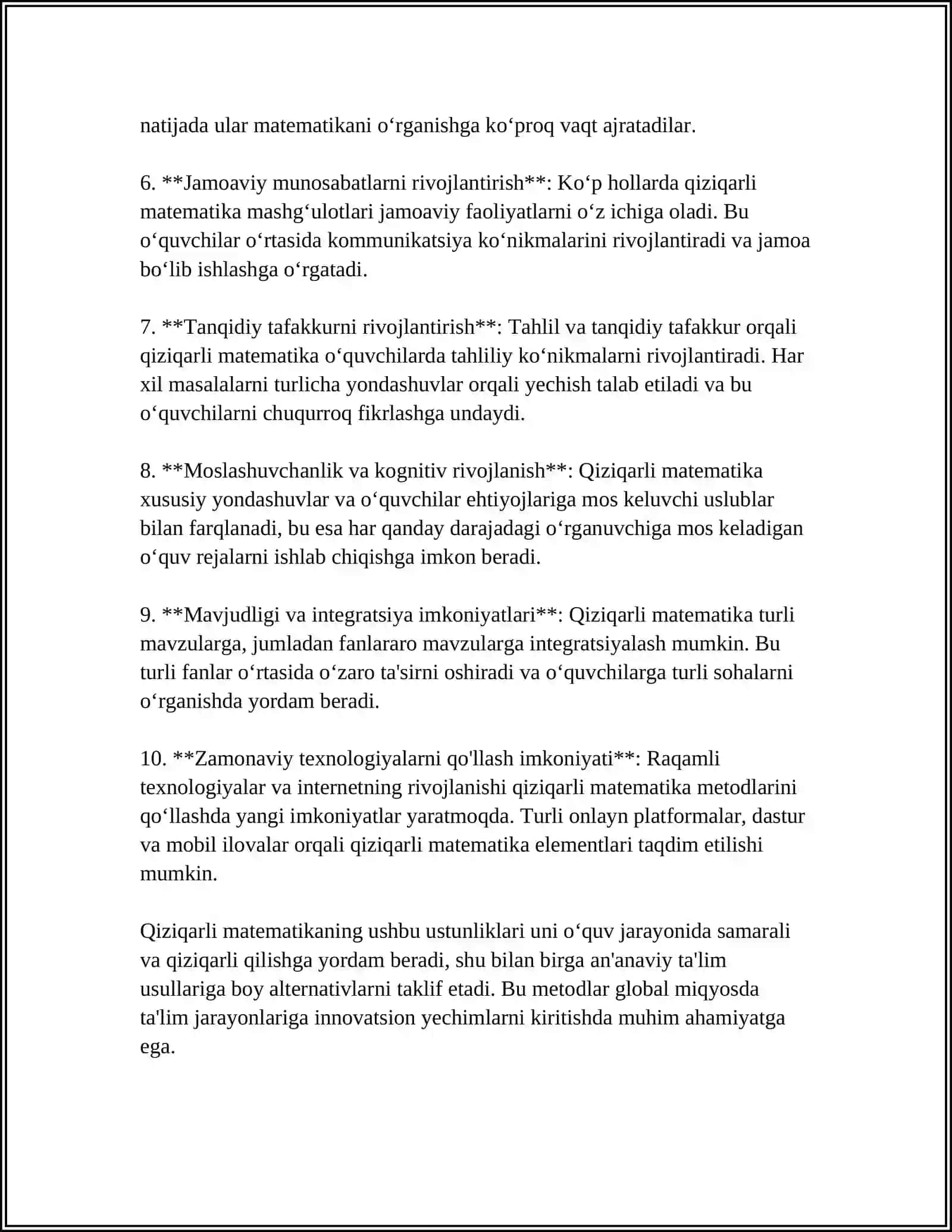 BOSHLANG'ICH MATEMATIKA DARSLARIDA QIZIQARLI MATEMATIKADAN FOYDALANISHNING MAQSADI VA VAZIFALARI. BOSHLANG`ICH SINFLAR MATEMATIKA DARSIDA QIZIQARLI MATEMATIKANI TASHKIL ETISHNING TARBIYAVIY VA TARBIYAVIY AHAMIYATI 4