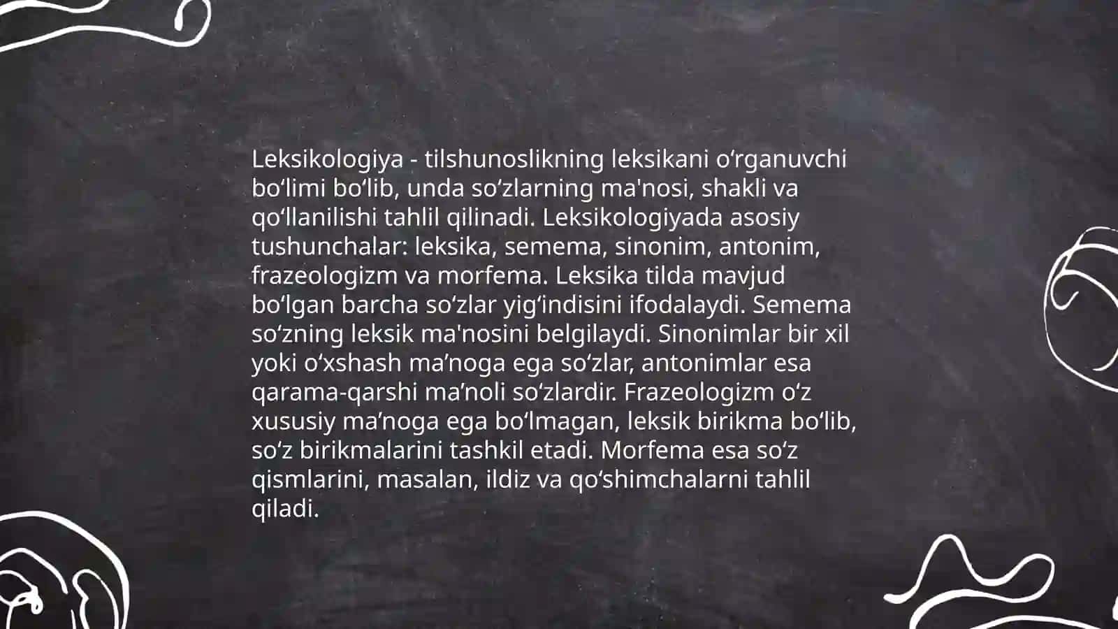 So'z turkumlaridagi morfonologik alternatsiyalar. leksikologiyaning asosiy tushunchalari va tahlil usullari. Sistem leksikologiya va tarixiylik. Leksema va so'zning tuzilishi.Morfologiya va uning tilshunoslik bo'limlari bialn munosabati. So'z va so'z turkumlari, semantik tasnifi. Otlarning semantik guruhi 4