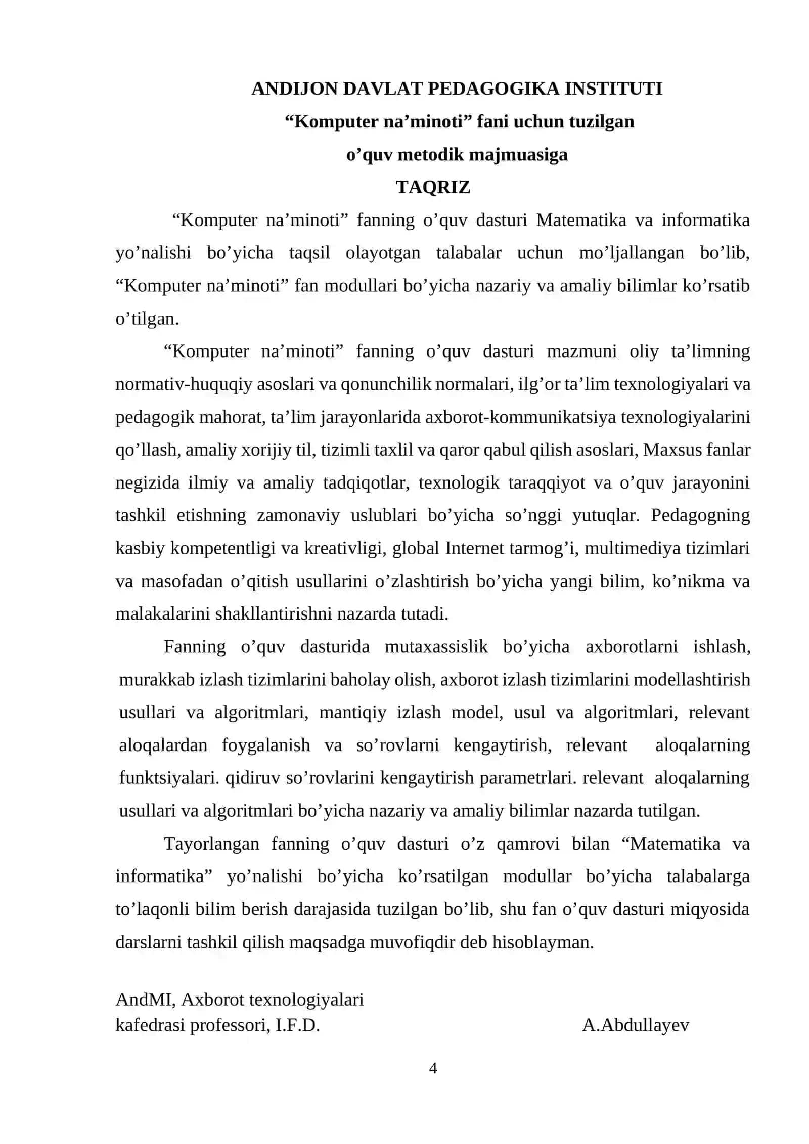 KOMPYUTER TA'MINOTI fani bo’yicha O’QUV – USLUBIY MAJMUA 4