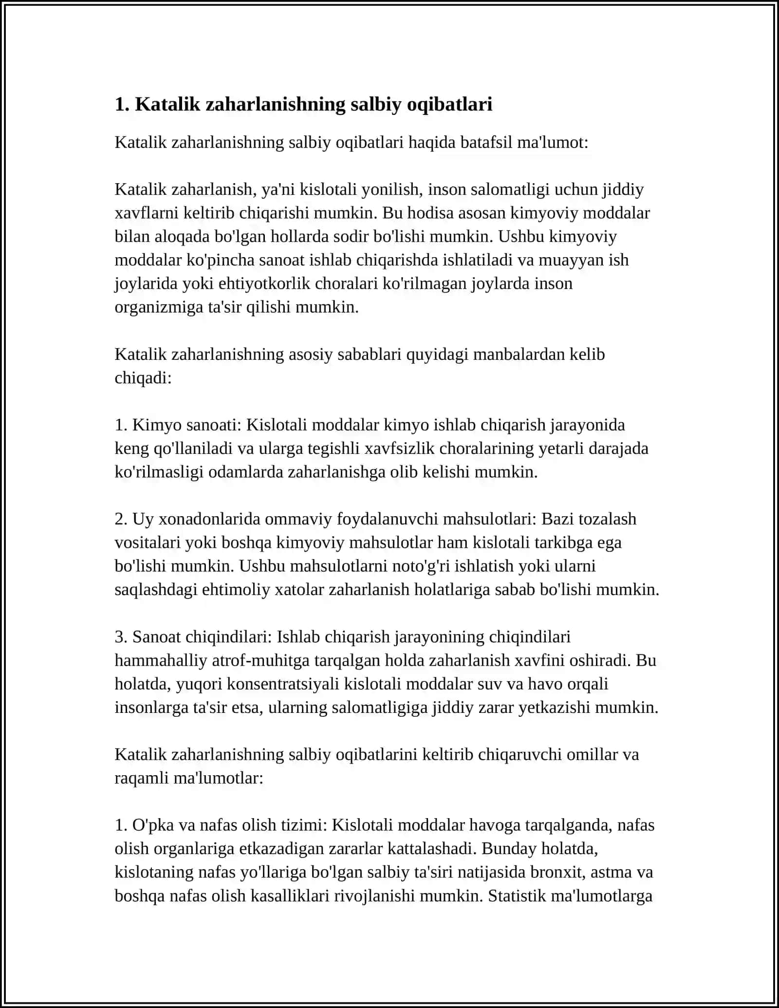 MUAMOLI VAZIYATNI TAHLIL QILISH BÒYICHA KEYS: KATALIK ZAHARLANISHNING SALBIY OQIBATLARI VA KELIB CHIQADIGAN MUAMMOLAR 4