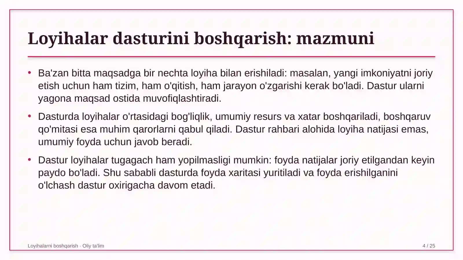 Texnik ko'rik markazlarida loyihalar dasturini boshqarish 4