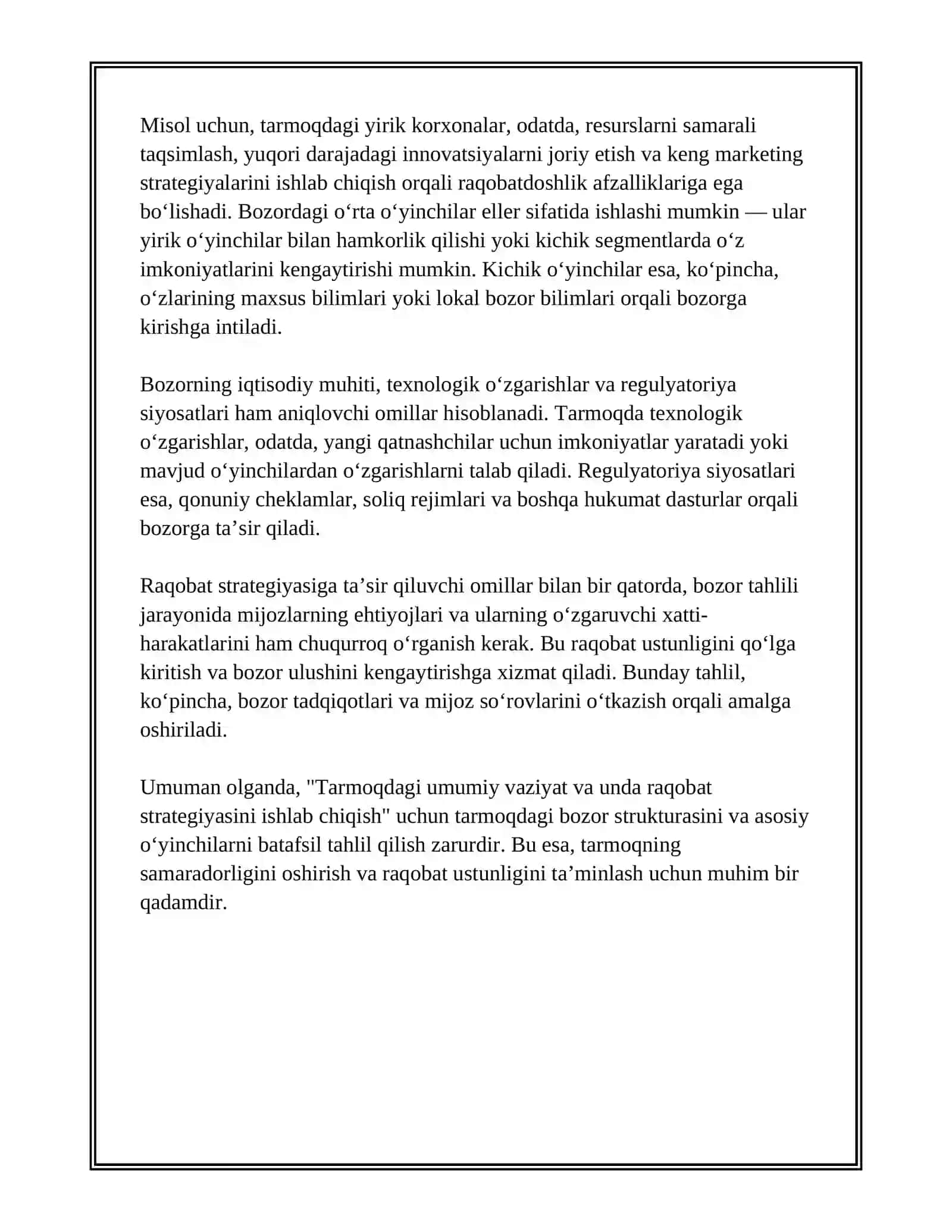 Tarmoqdagi umumiy vaziyat va unda raqobat strategiyasini ishlab chiqish 4