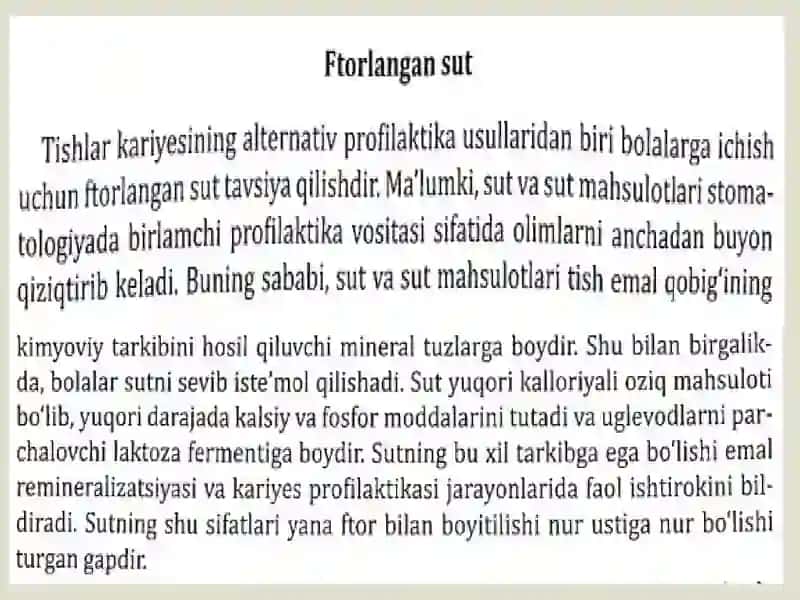 Ichimlik suvini ftorlash, ftorlangan sut. Osh tuzini ftorlash. Kariyes profilaktikasida ftor saqlovchi preparatlarning  qo’llash usullari. Ftorlak, ftor saqlovchi eritma va gellar 4