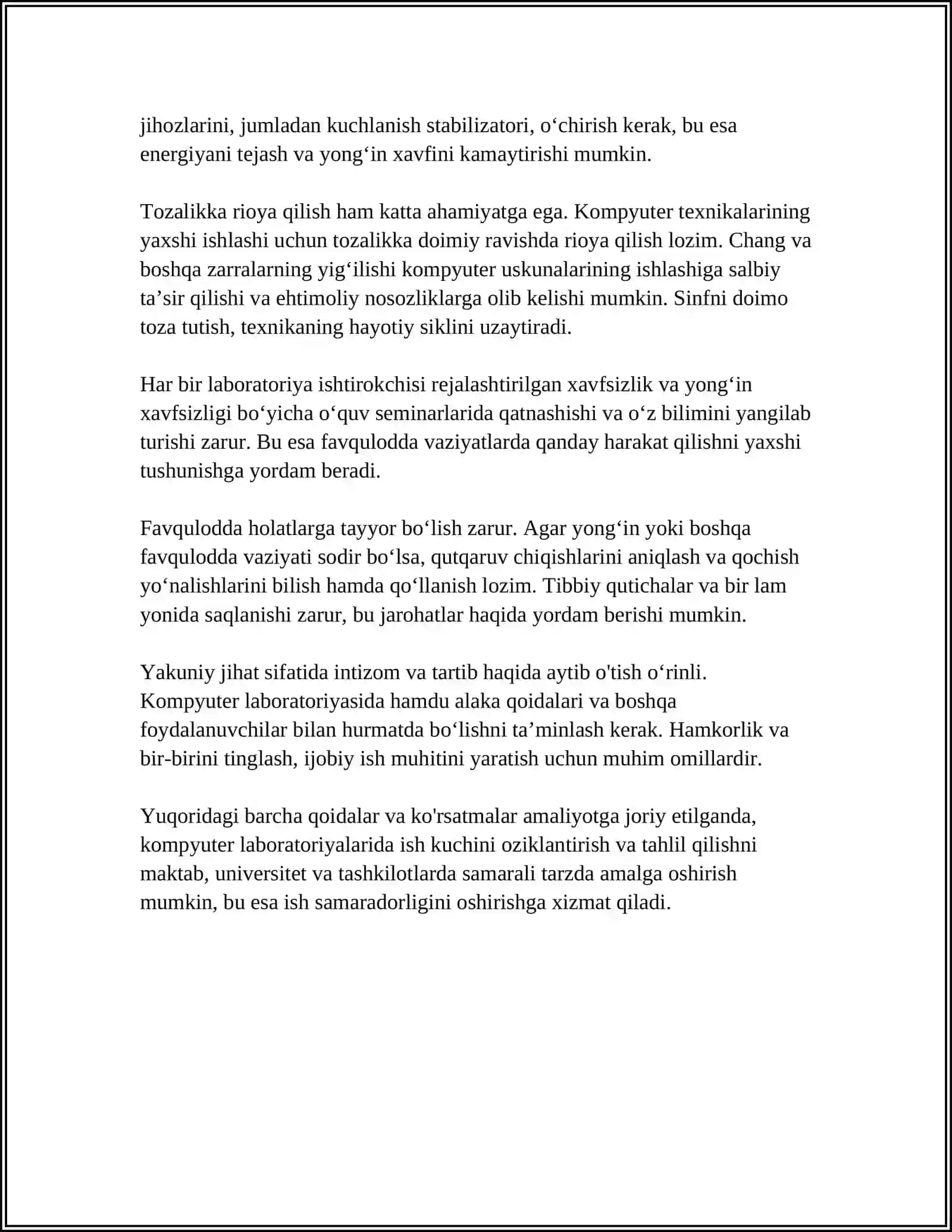KOMPYUTER OʻQUV LABARATORIYASIDA LABARATORIYA MASHGʻULOTLARI VA ULARNI TASHKIL ETISH USULLARI ISHLASHDA TEXNIKA XAVFSIZLIGI 4