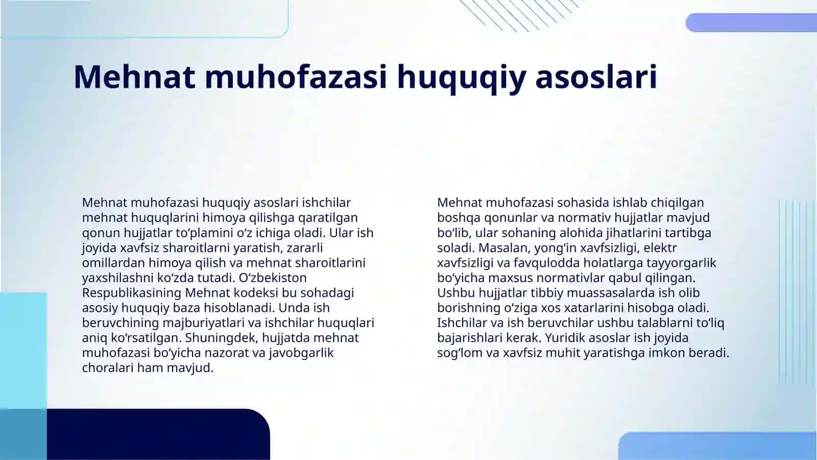 TIBBIY MUASSASALARDA MEHNAT MUHOFAZASI VA TEXNIKA XAVFSIZLIGI BOʻYICHA DAVLAT QONUNLARI 4