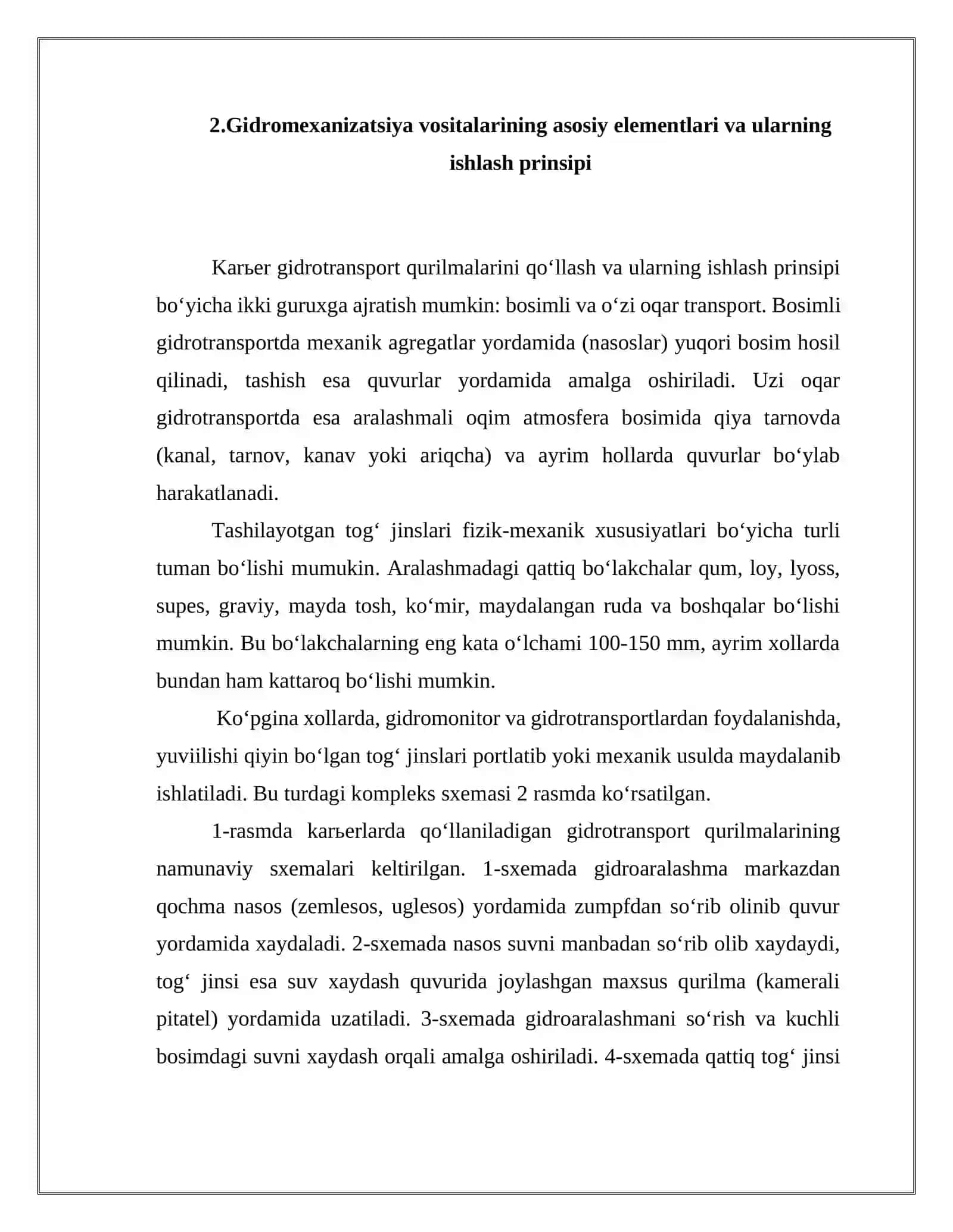 MAVZU: OCHIQ KON GIDROMEXANIZATSIYA VOSITALARI. ZEMSNARYAD VA DRAGLAR. ULARNING TURLARI, KONSTRUKSIYASI, ISHLATILISH KO‘LAMI. GIDROUSLUB BILAN QAZIB OLISH, USKUNALARNING ASOSIY SXEMALARI VA ELEMENTLARI 4