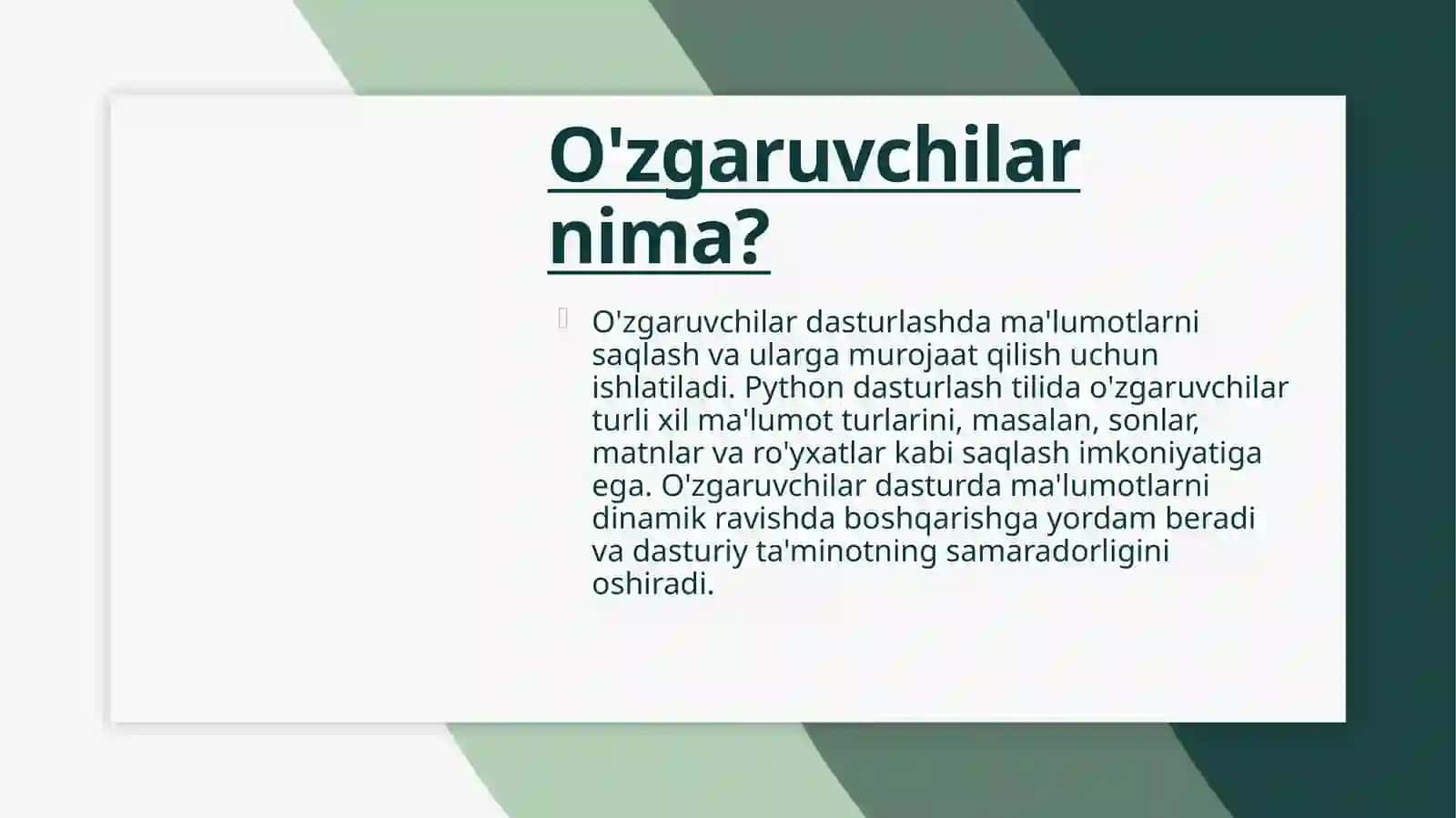 Python dasturlash tilida o’zgaruvchilar 4