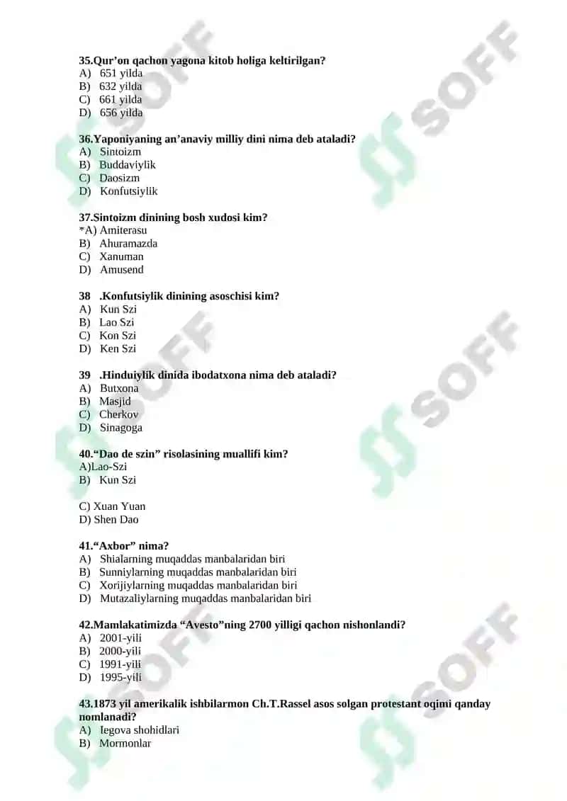 Dinshunoslik fanidan 400 ta test 5