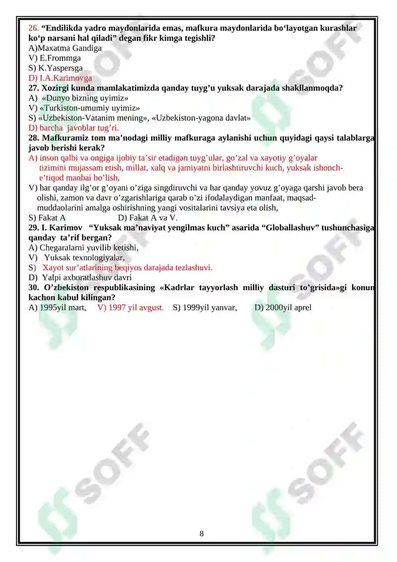 Milliy  g’oya:asosiy tushuncha va tamoyillar fanidan bakalavrlar uchun yakuniy nazorati test savollari 8