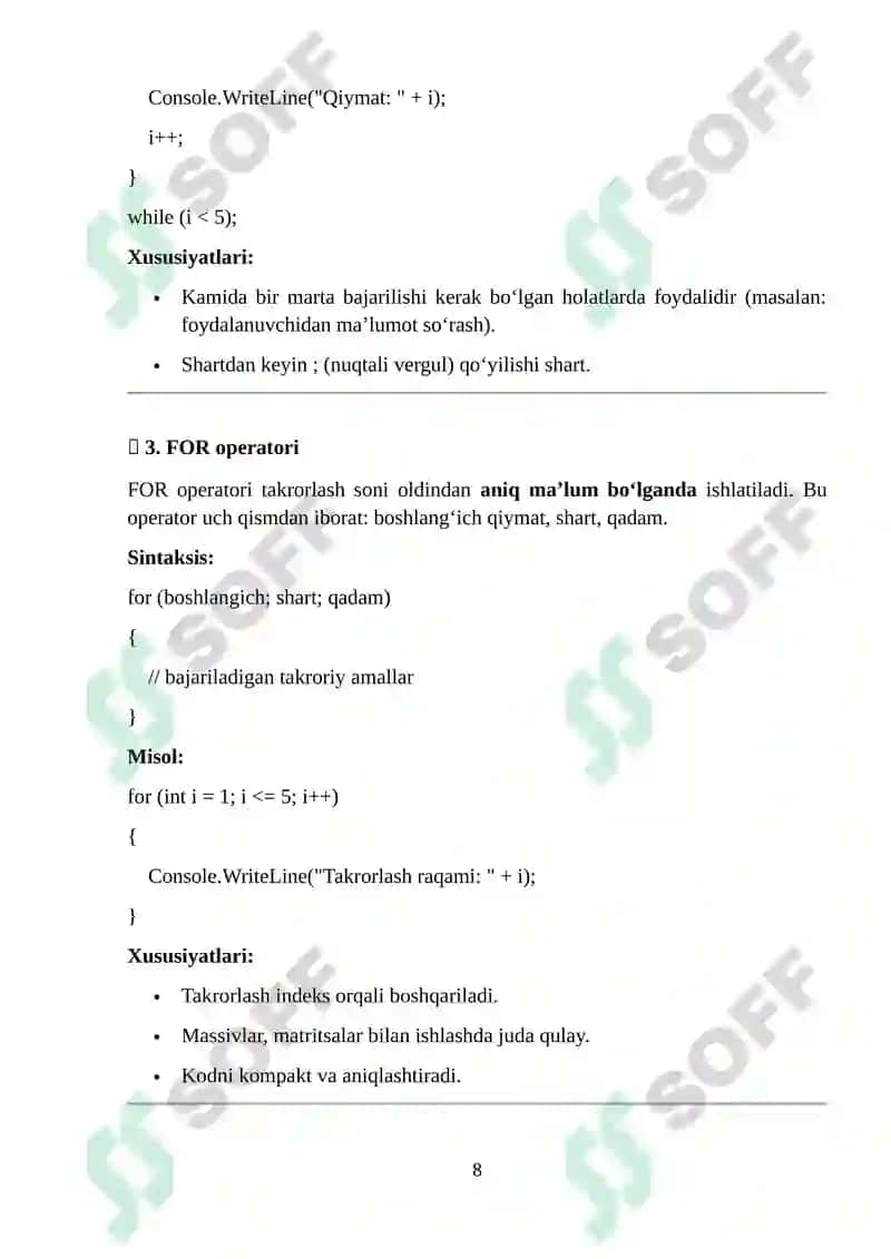 FOR Takrorlash Operatori 8
