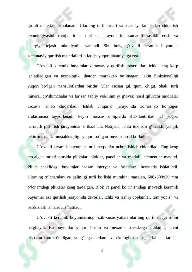 G‘ovakli keramik buyumlar, keramzit materiallarni ishlab chiqarish jarayonini hisoblash. Yillik ishlab chiqarish quvvati 300 000 m2. G‘ovakli keramik buyumlarining o’lchamlari 600x600x20 mm