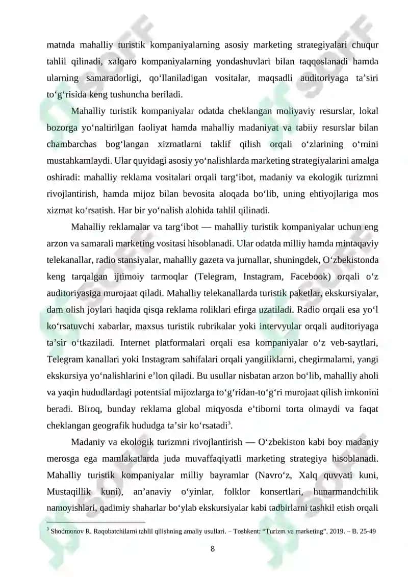 MAHALLIY VA XALQARO TURISTIK KOMPANIYALAR MARKETING STRATEGIYALARINI TAQQOSLASH 8