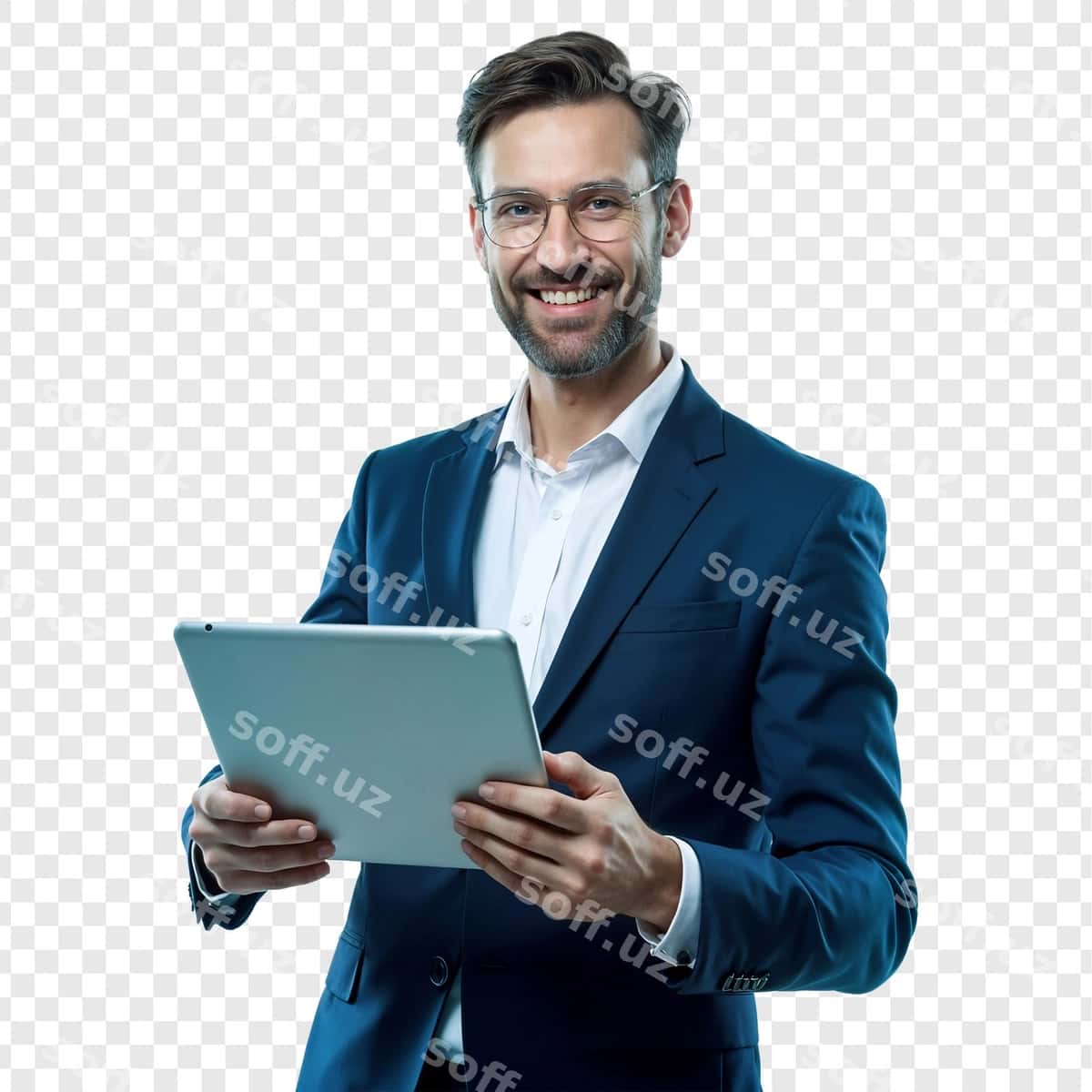 Gulovchi biznesmen tabletdan foydalanuvchi | Smiling businessman using tablet 1