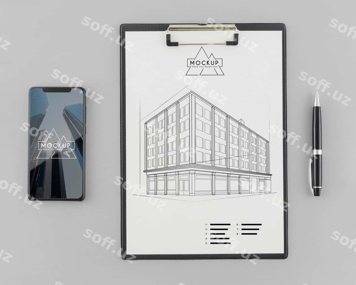 Yuqori ko'rinishdagi me'morchilik eskizi namuna bilan | Top view architecture sketch with mock up 1