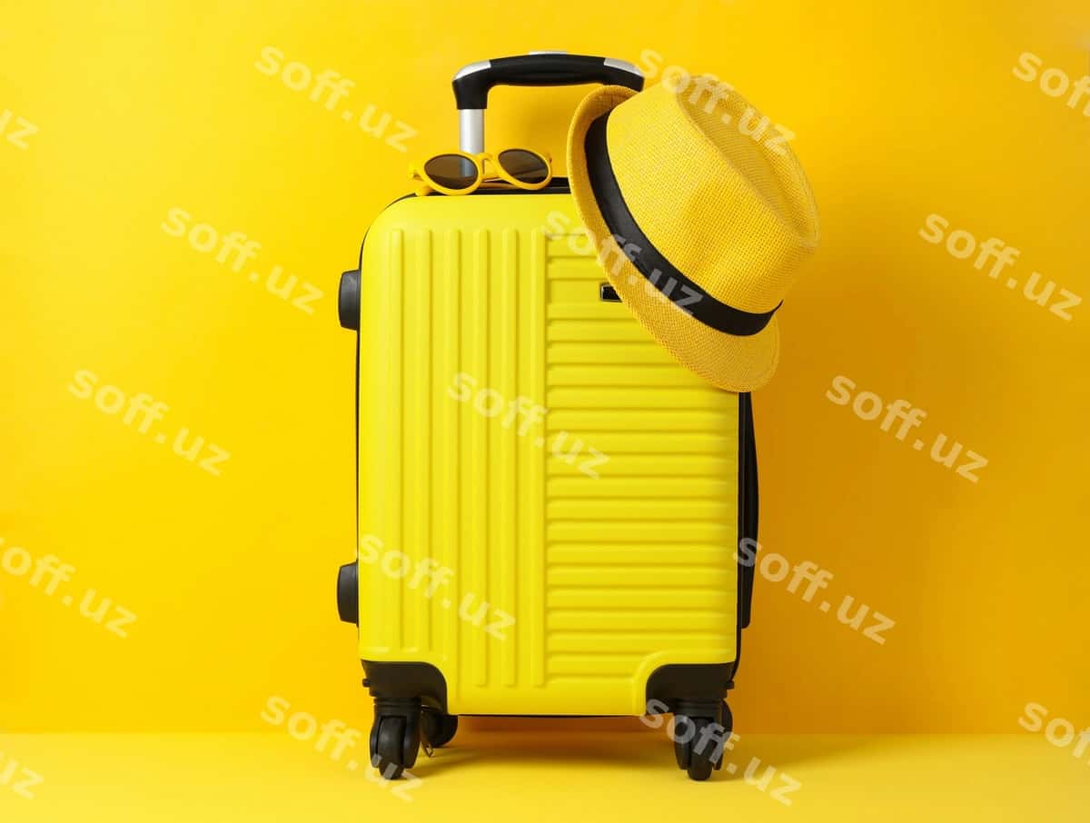 Sayohat bagasi sariq rangda, ko'zlashiq va bosh kiyim bilan | Travel bag with sunglasses hat yellow 1