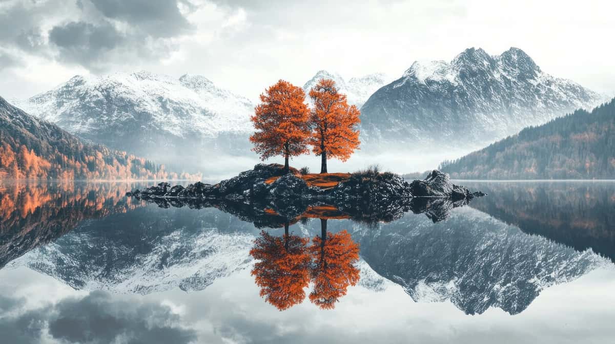Ikki kuzgi daraxtlar toshli orol tog 'ko'li | Two autumn trees rocky island mountain lake 1