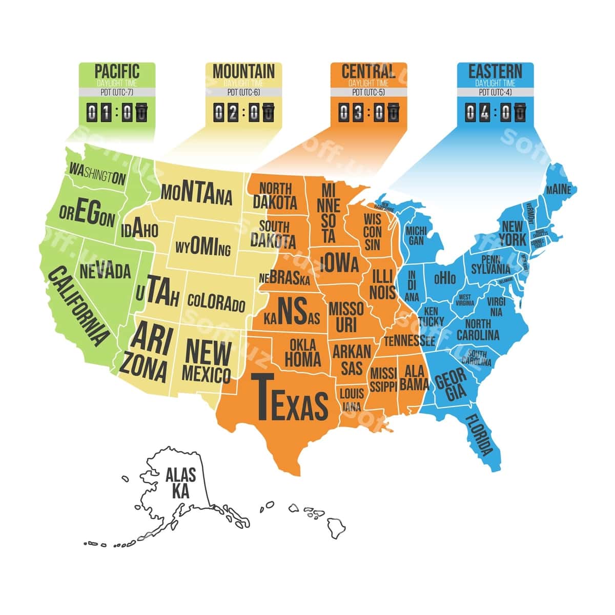 AQSh vaqt mintaqalari infografik xaritasi | Usa time zones infographic map 1
