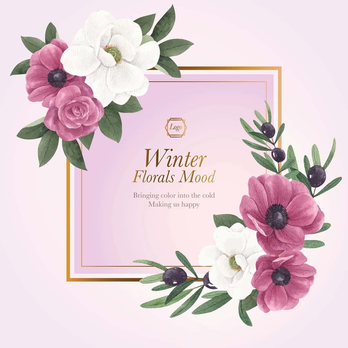 Qishki gulli kontseptsiyali akvarel uslubidagi gulchambar shabloni | Wreath template with winter floral concept watercolor style 1