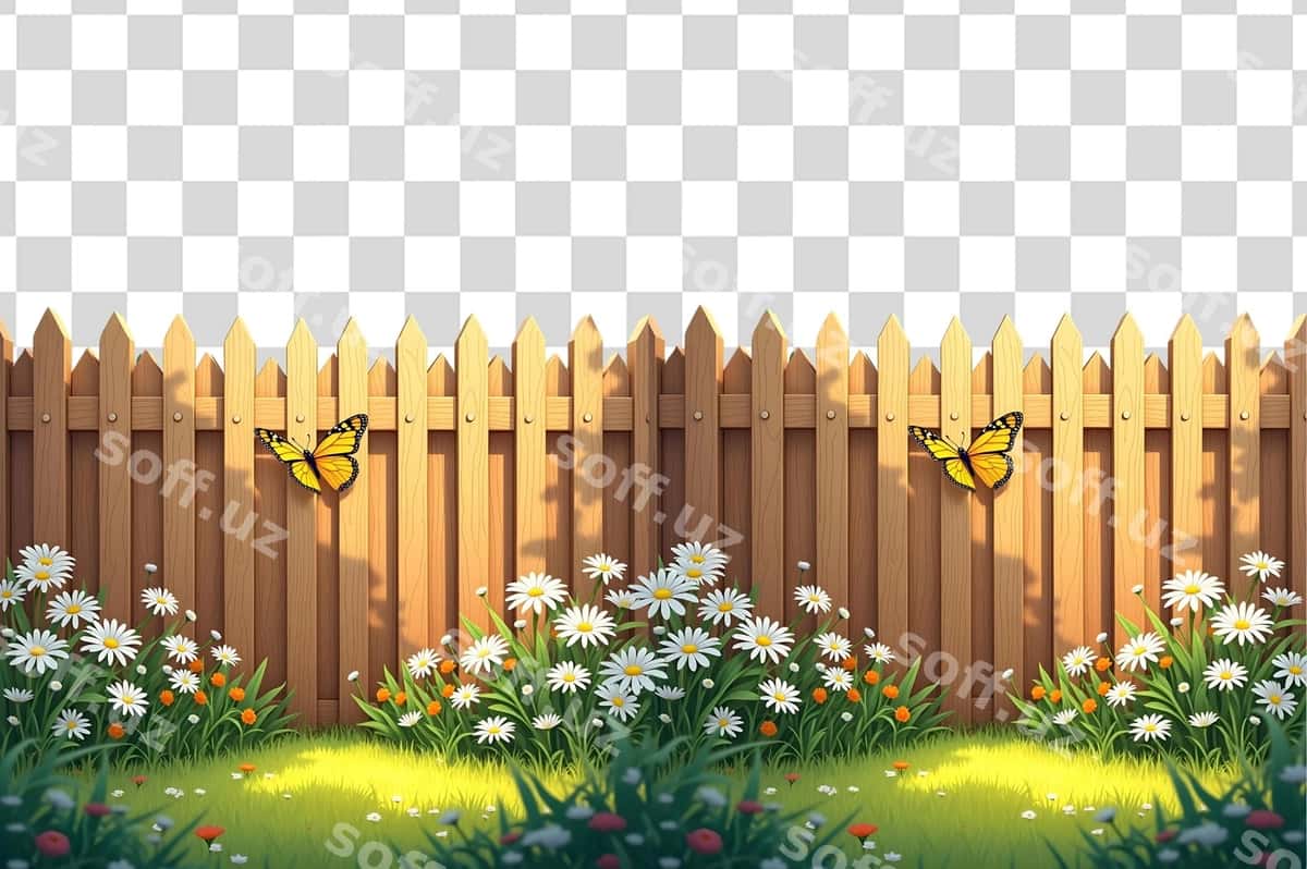 Yong'oq chegara yashil chaman gullar | Wooden fence green grass flowers 1