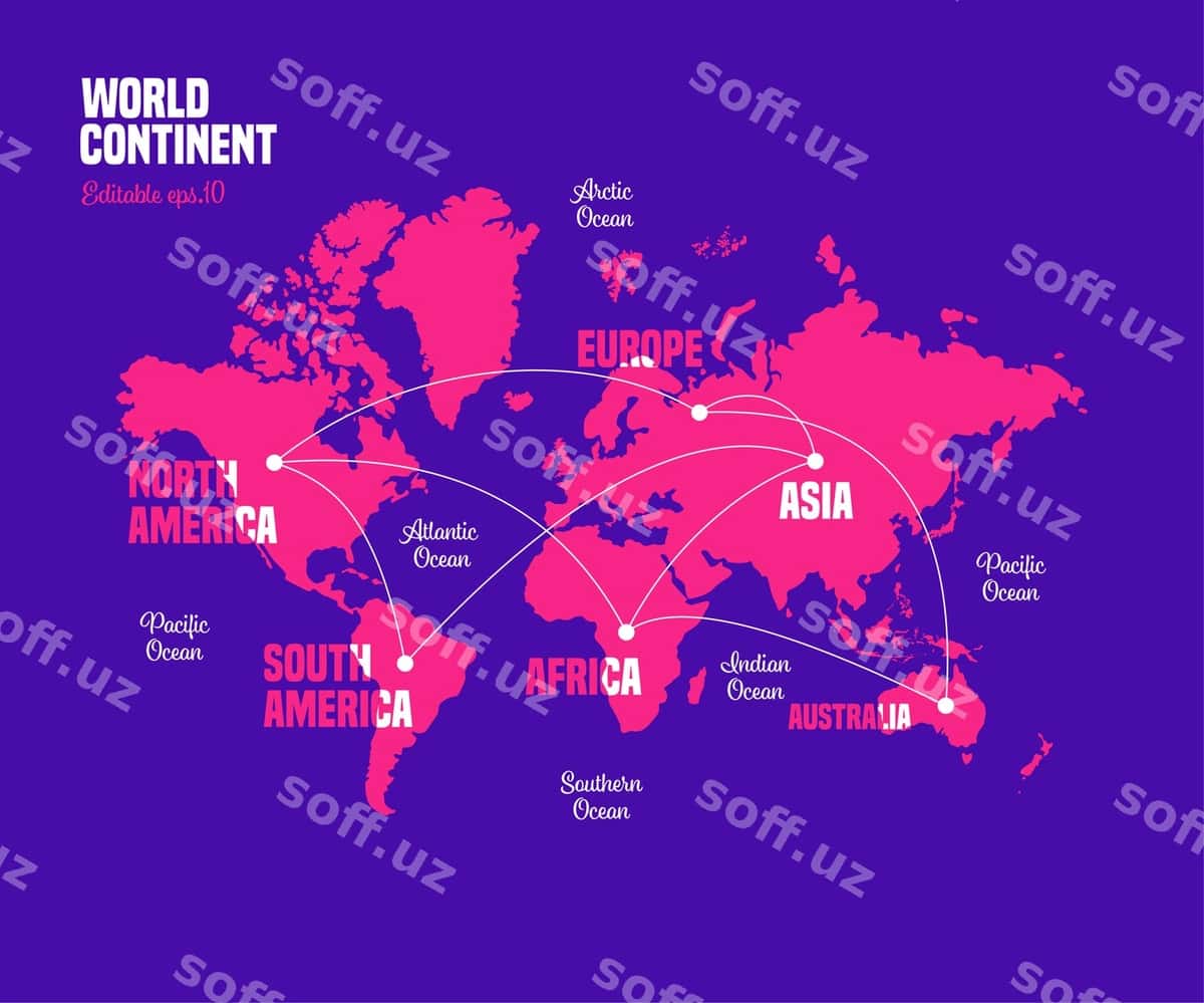 Dunyo xaritasi qit'alar ro'yxati okeyon nomi bilan | World map continent list with ocean name 1