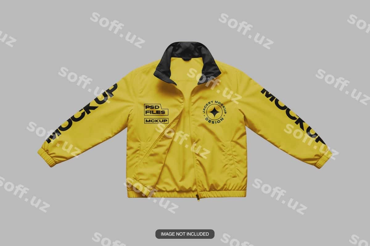 Sariq Coach jaket namuna flat lay | Yellow coach jacket mockup flat lay 1