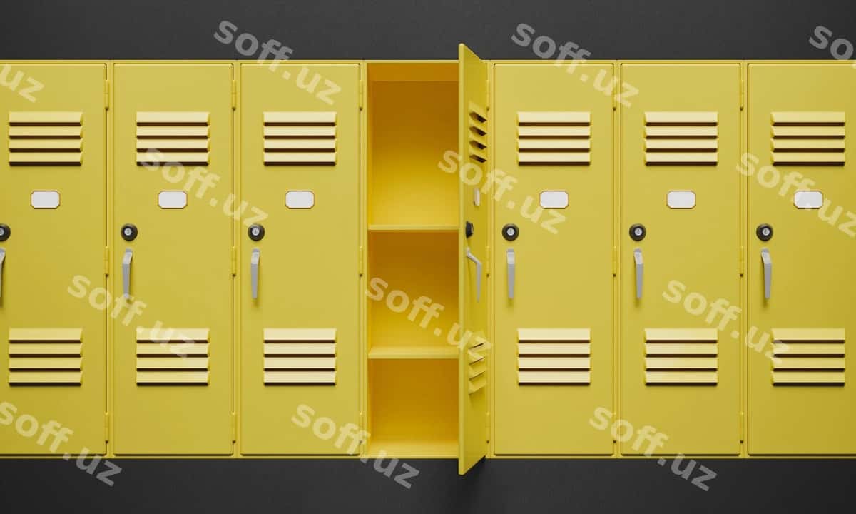 Sariq shkaflar ulardan biri ochilgan | Yellow lockers with one them open 1