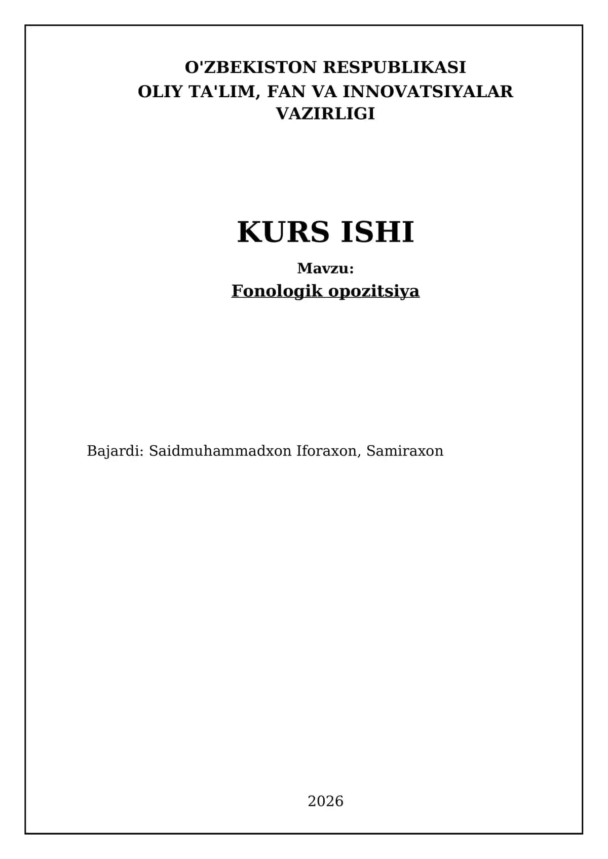 Fonologik opozitsiya bo'yicha Kurs ishi