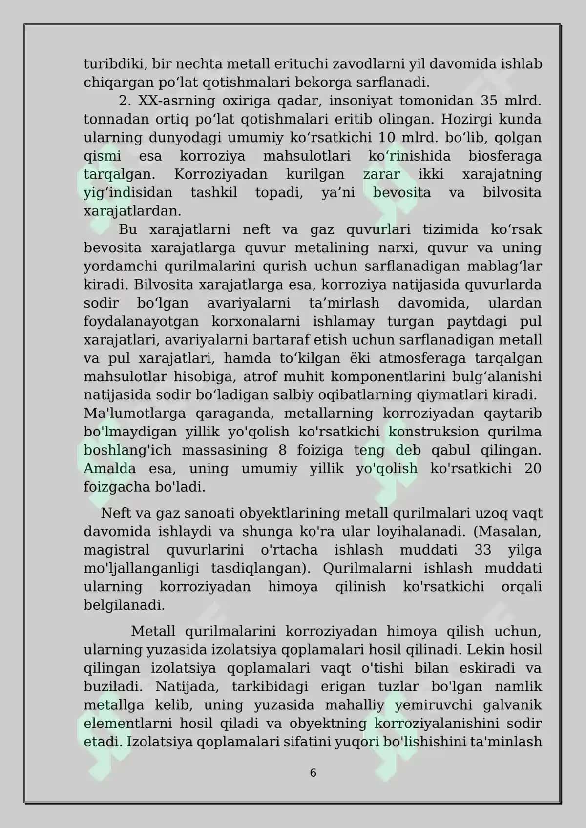Gorizontal rezervuarlarning mahsulot osti suv orqali korroziyasi himoya qilish uchun protektorli himoyasini loyihalash” mavzusidagi Kurs ishi 5