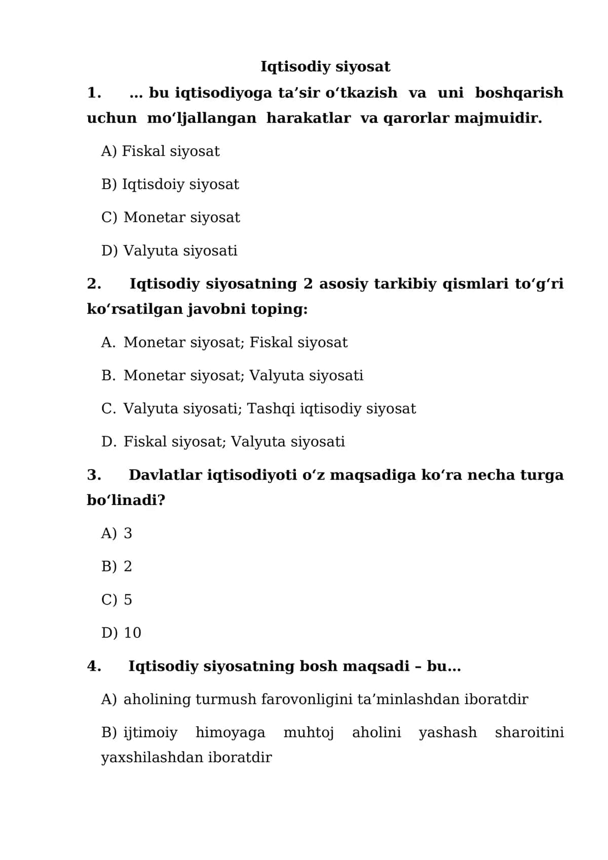 Iqtisodiy siyosat bo'yicha test savollari