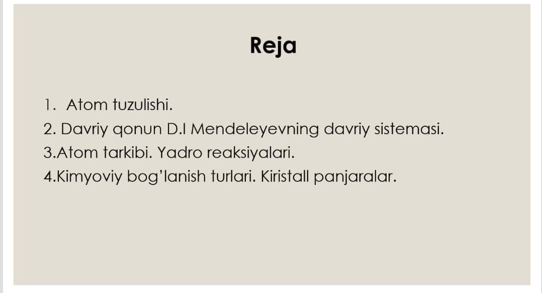 Atom tuzulishi Davriy qonun Mendeleyning davriy sistemasi