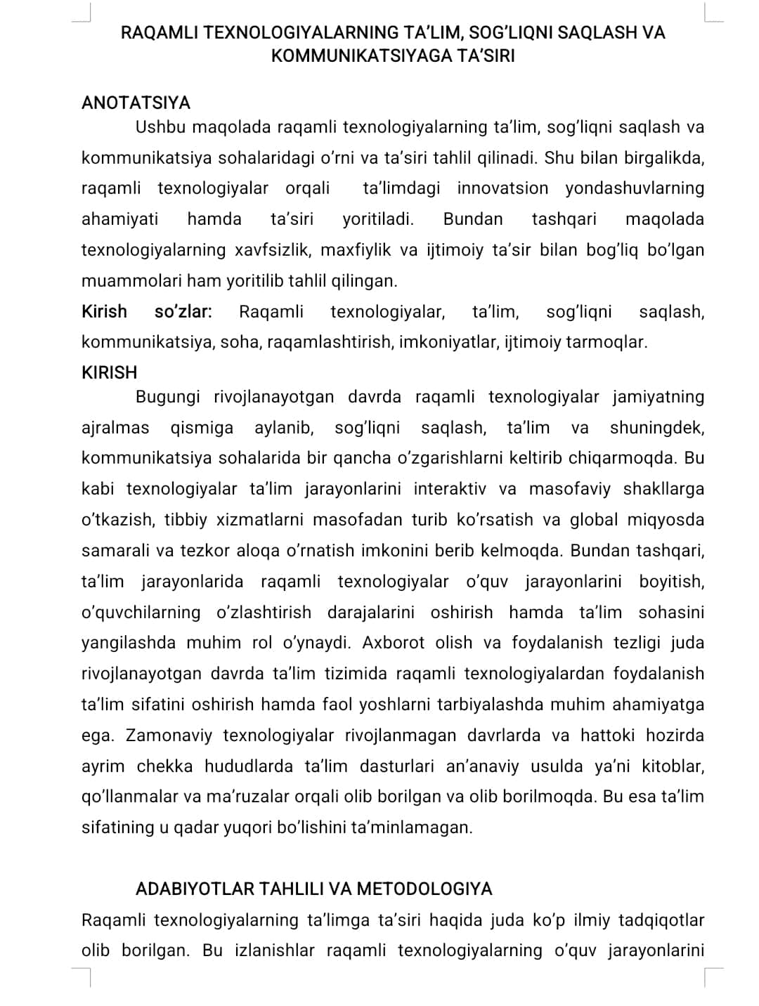 Raqamli texnologiyalarning ta’lim, sog‘liqni saqlash va kommunikatsiyaga ta’siri