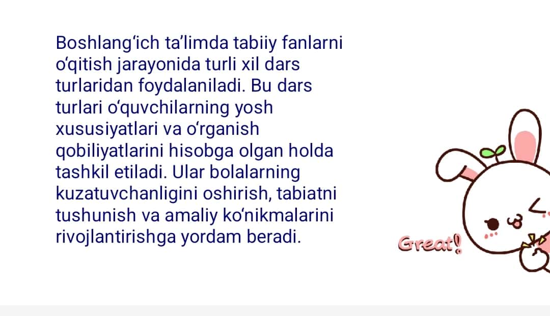 Boshlang‘ich ta‘lim tabiiy fanlarni o‘qitishda foydalaniladigan dars turlari