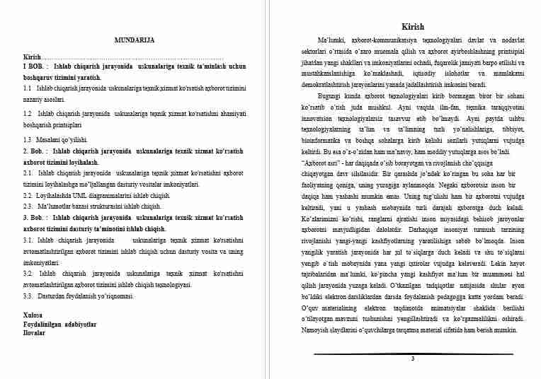 Ishlab chiqarish jarayonida uskunalariga texnik ta'minlash uchun boshqaruv tizimini yaratish