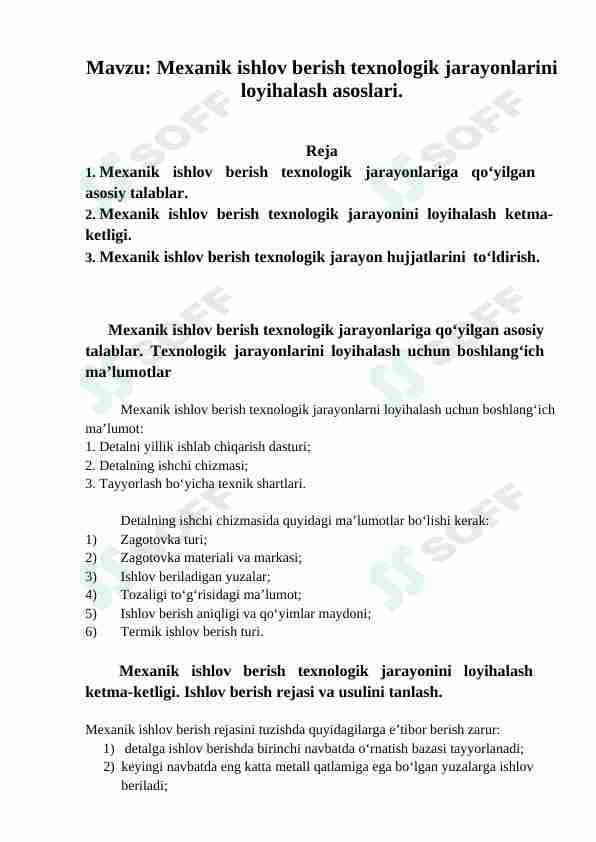 Mexanik ishlov berish texnologik jarayonlarini loyihalash asoslari