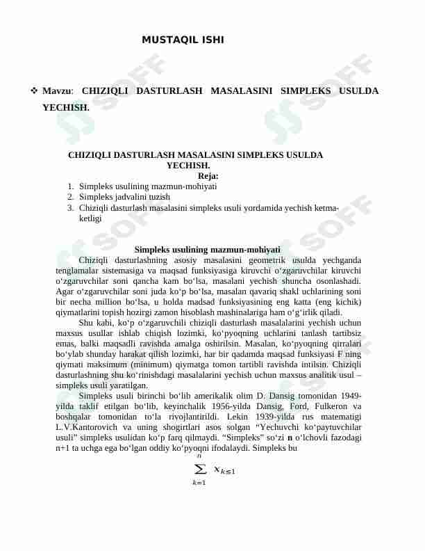 CHIZIQLI DASTURLASH MASALASINI SIMPLEKS USULDA YECHISH.