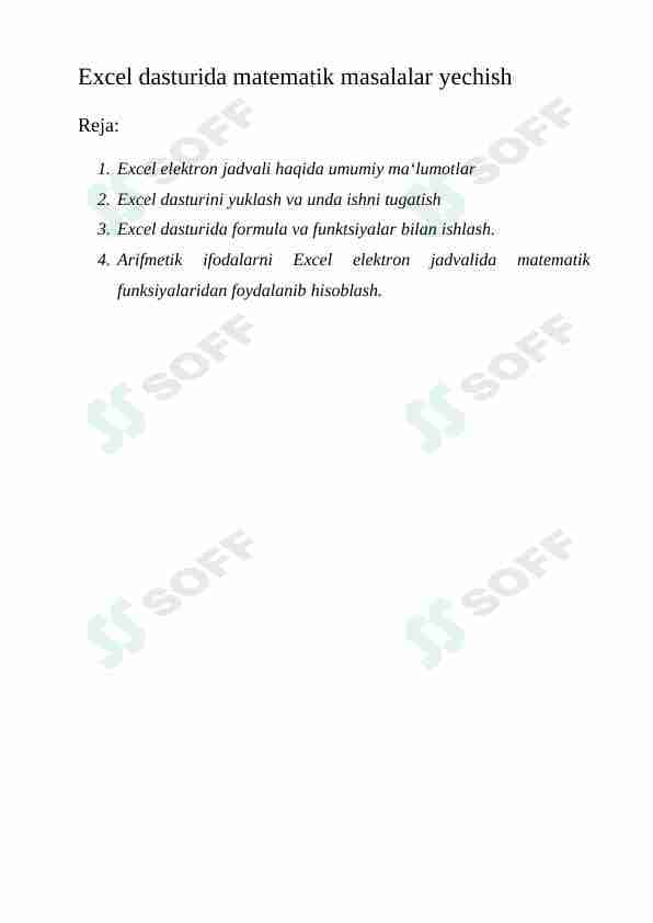 Excel dasturida matematik masalalar yechish