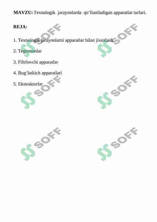 Texnalogik jarayonlarda qo’llaniladigan apparatlar turlari