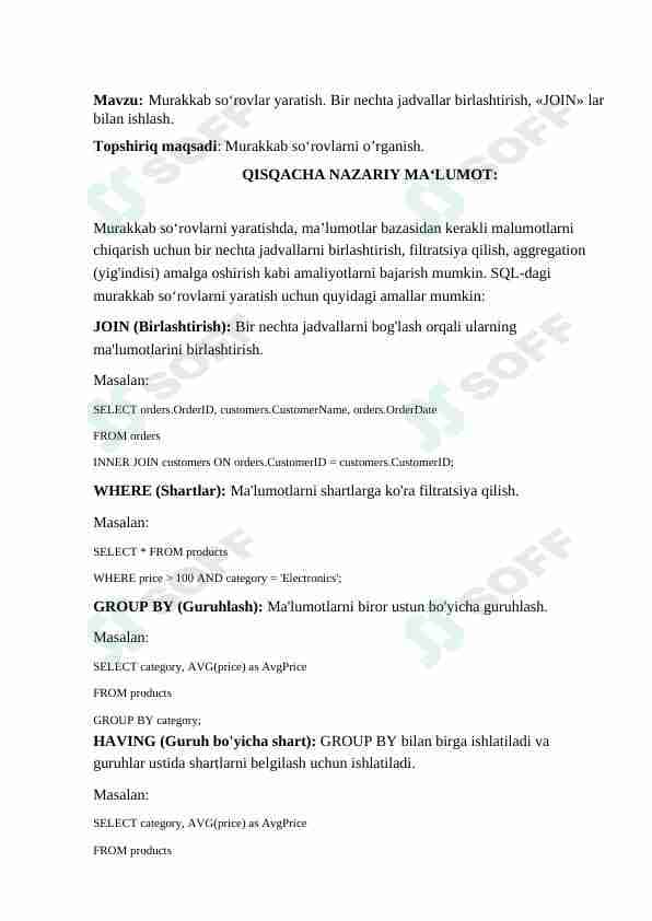 Murakkab so‘rovlar yaratish. Bir nechta jadvallar birlashtirish, «JOIN» lar bilan ishlash. ma`lumotlar bazasi